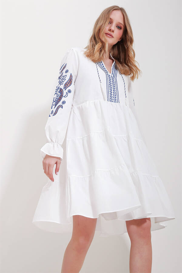 Women's White Mandarin Collar Lined Embroidered Dress ALC-X11572 - 1