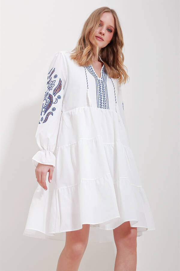 Women's White Mandarin Collar Lined Embroidered Dress ALC-X11572 - 3