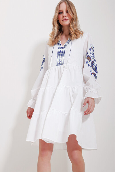 Women's White Mandarin Collar Lined Embroidered Dress ALC-X11572 - 4