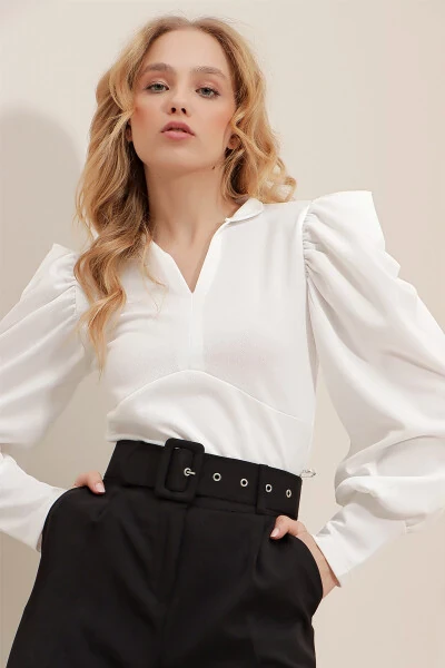 Women's White Mandarin Collar Princess Sleeve Crop Blouse ALC-X9659 - TREND ALAÇATI STILI (1)
