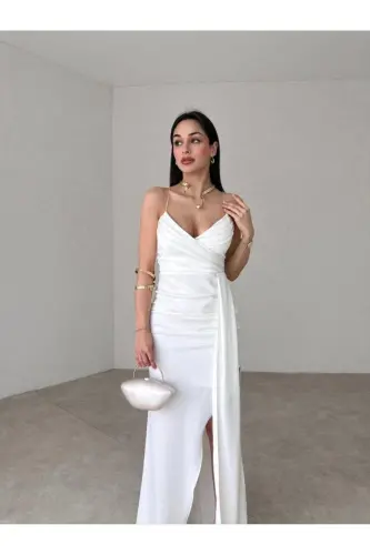 Women's White Maxi Dress with Draped Fabric, Back Tie, and High Slit Detail for Prom & Graduation - 1