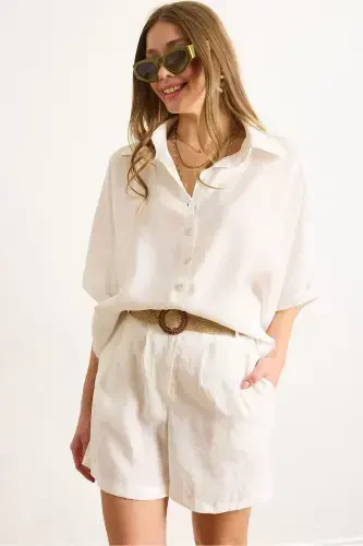 Women's White Modal Top and Belted Shorts Set - 1