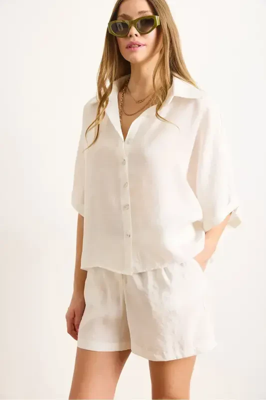 Women's White Modal Top and Belted Shorts Set - 2