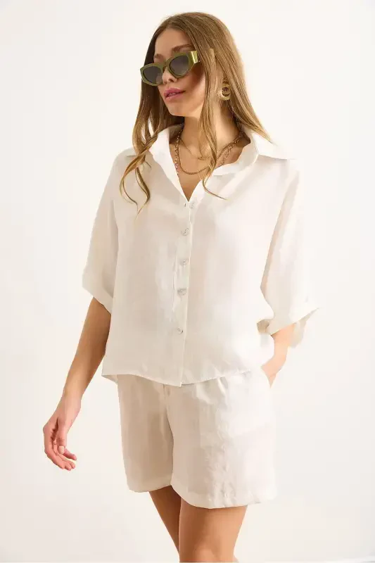 Women's White Modal Top and Belted Shorts Set - 3