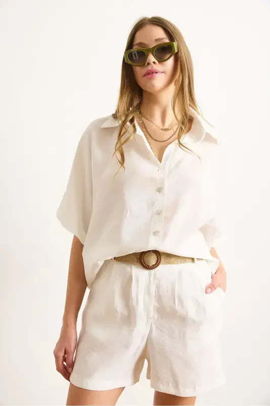 Women's White Modal Top and Belted Shorts Set - 4