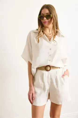 Women's White Modal Top and Belted Shorts Set - 5
