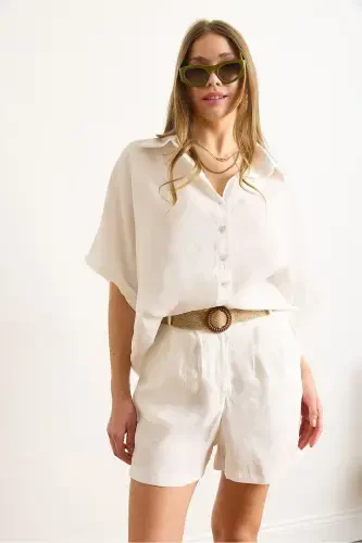 Women's White Modal Top and Belted Shorts Set - 6