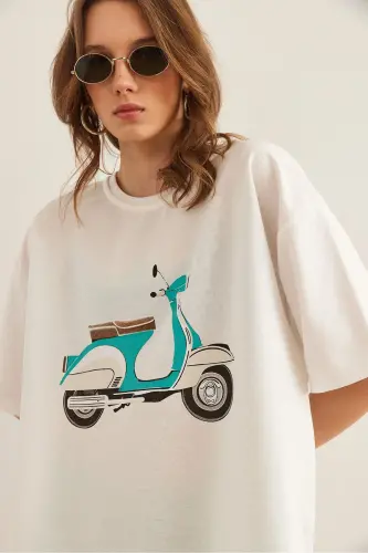 Women's White Motorcycle Print 2 Rope Comfort Fit Tee - 5