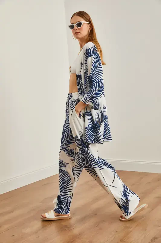 Women's White Navy Blue Top Kimono Bottom Pocketed Palazzo - 2