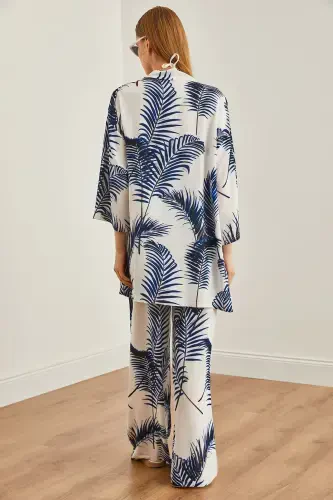 Women's White Navy Blue Top Kimono Bottom Pocketed Palazzo - 3