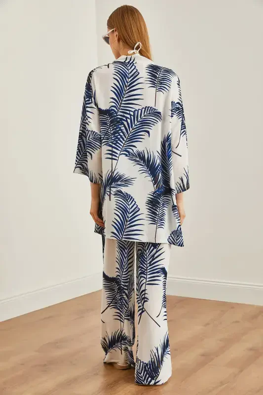 Women's White Navy Blue Top Kimono Bottom Pocketed Palazzo - 3