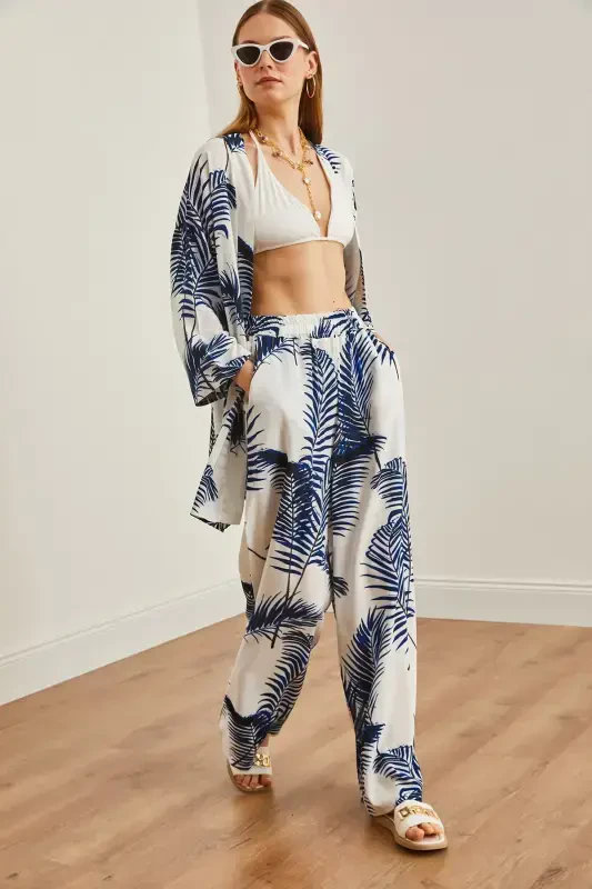 Women's White Navy Blue Top Kimono Bottom Pocketed Palazzo - 6