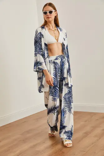 Women's White Navy Blue Top Kimono Bottom Pocketed Palazzo - 5