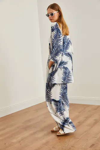 Women's White Navy Blue Top Kimono Bottom Pocketed Palazzo - 7