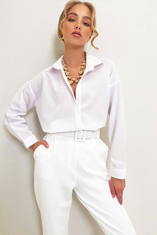 Women's White Oversize Long Woven Shirt ALC-X6828 - 3