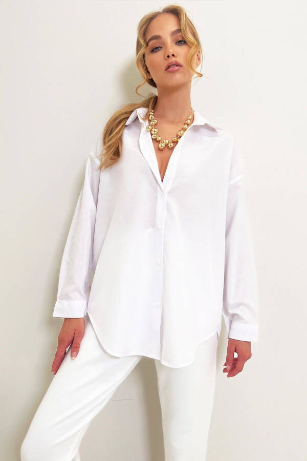 Women's White Oversize Long Woven Shirt ALC-X6828 - 5