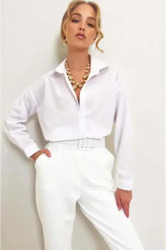 Women's White Oversize Long Woven Shirt ALC-X6828 - 3