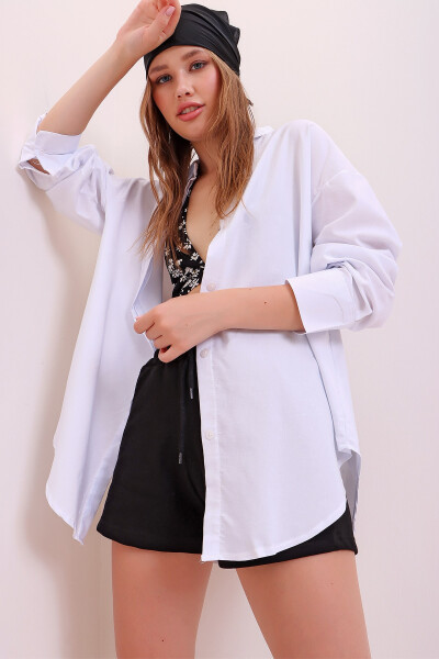 Women's White Oversize Long Woven Shirt ALC-X6828 - 14