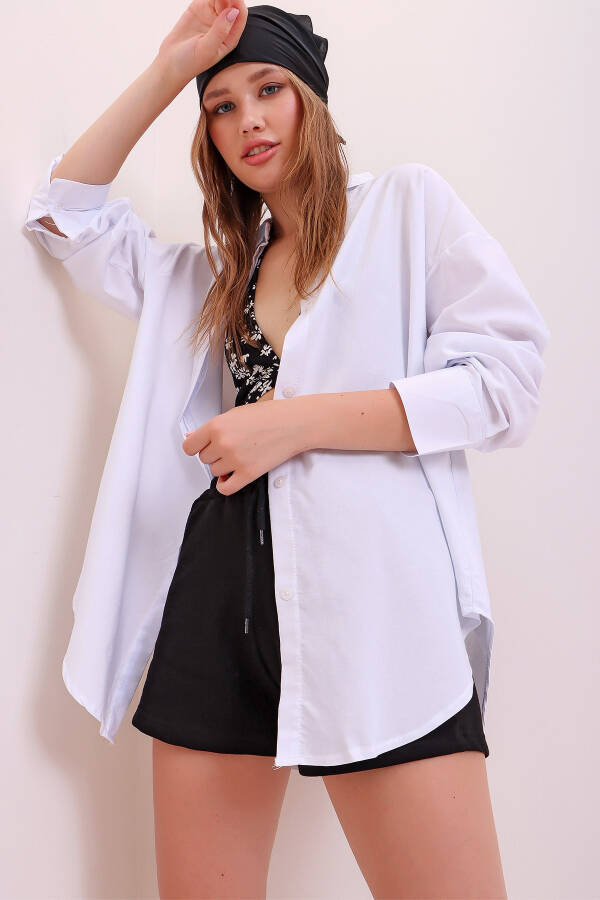 Women's White Oversize Long Woven Shirt ALC-X6828 - 14