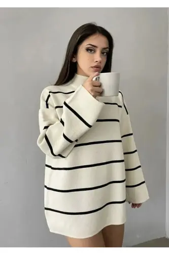 Women's White Oversize Striped Half Turtleneck Knit Sweater, Striped Sweater-White - DIER MODA (1)