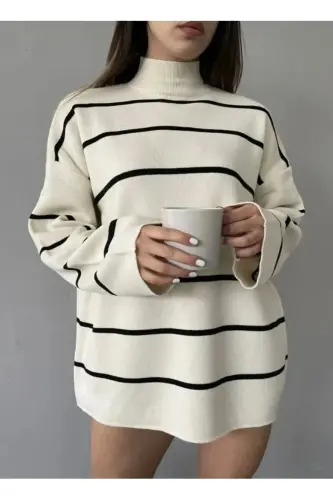 Women's White Oversize Striped Half Turtleneck Knit Sweater, Striped Sweater-White - 3