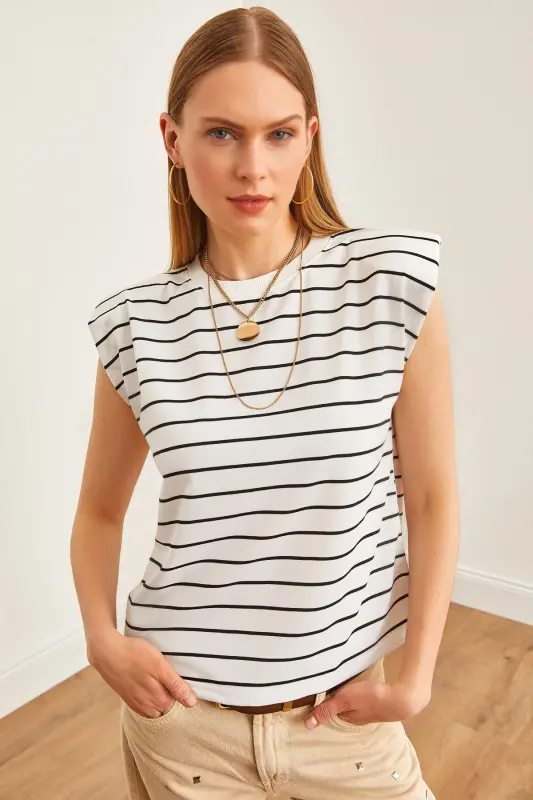 Women's White Padded Shoulder Striped T-Shirt TSH-19000816-Be - 1