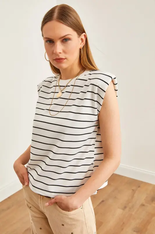 Women's White Padded Shoulder Striped T-Shirt TSH-19000816-Be - 3