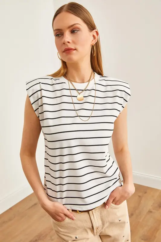 Women's White Padded Shoulder Striped T-Shirt TSH-19000816-Be - 4