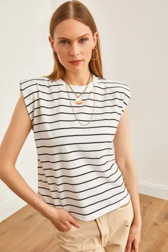 Women's White Padded Shoulder Striped T-Shirt TSH-19000816-Be - 5