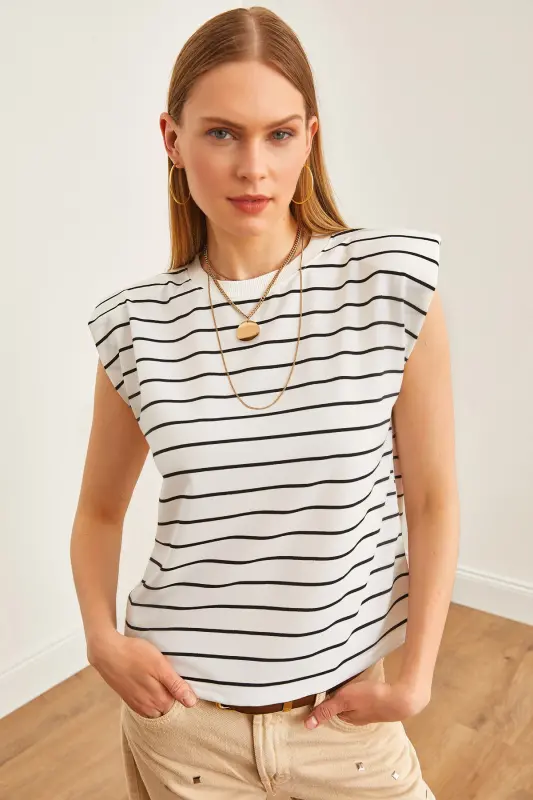 Women's White Padded Shoulder Striped T-Shirt TSH-19000816-Be - OLALOOK