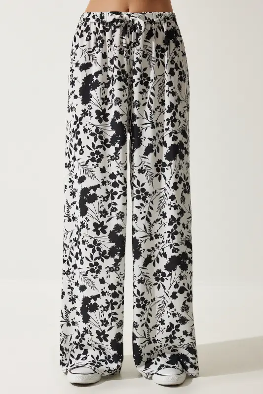 Women's White Patterned Flowy Viscose Palazzo Pants EN00606-White - 4