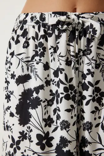 Women's White Patterned Flowy Viscose Palazzo Pants EN00606-White - 5