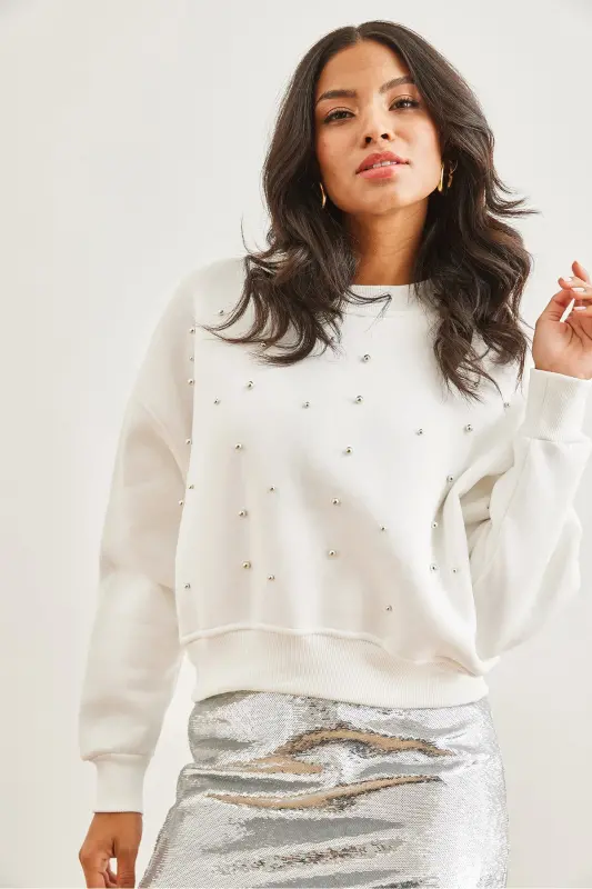 Women's White Pearl Detailed Fleece Crop Thick Sweatshirt SWT-19000663-White - 2