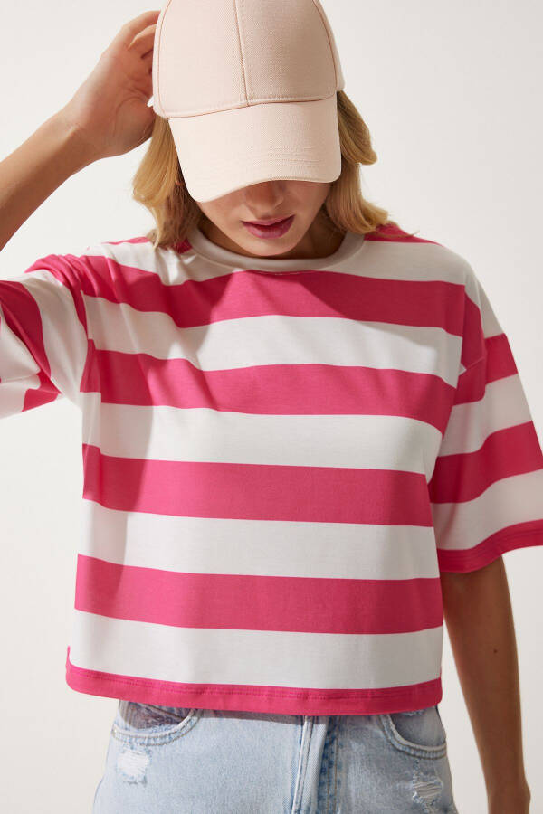 Women's White Pink Bicycle Collar Striped Crop Knit T-Shirt HF00452 - 2