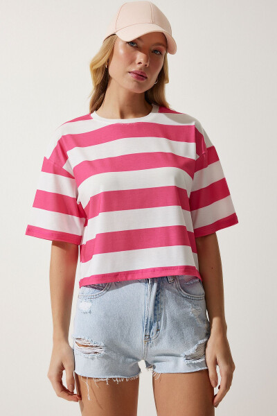 Women's White Pink Bicycle Collar Striped Crop Knit T-Shirt HF00452 - 3
