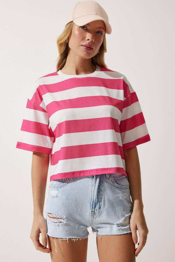 Women's White Pink Bicycle Collar Striped Crop Knit T-Shirt HF00452 - 3