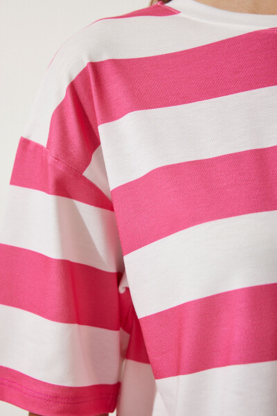 Women's White Pink Bicycle Collar Striped Crop Knit T-Shirt HF00452 - 4