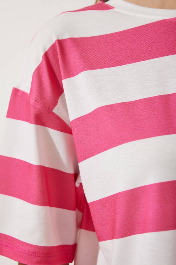 Women's White Pink Bicycle Collar Striped Crop Knit T-Shirt HF00452 - 4