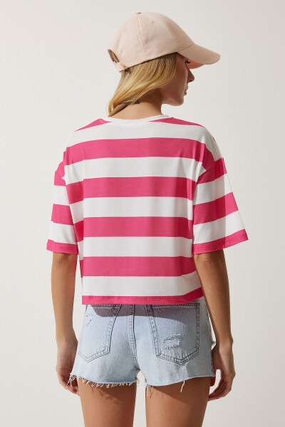 Women's White Pink Bicycle Collar Striped Crop Knit T-Shirt HF00452 - 5