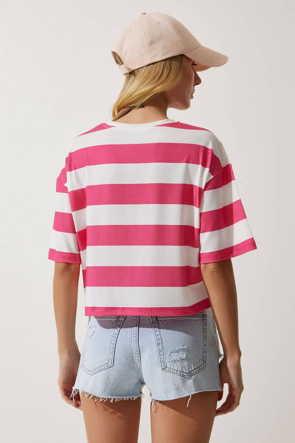 Women's White Pink Bicycle Collar Striped Crop Knit T-Shirt HF00452 - 5