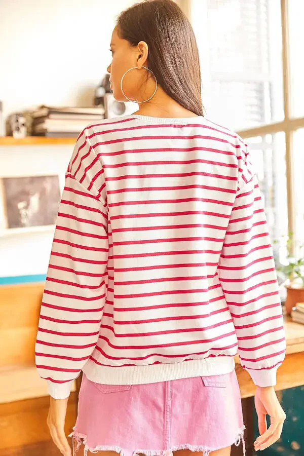 Women's White Pink Striped Basic Soft Textured Loose Fit Sweatshirt SWT-19000457 - 5
