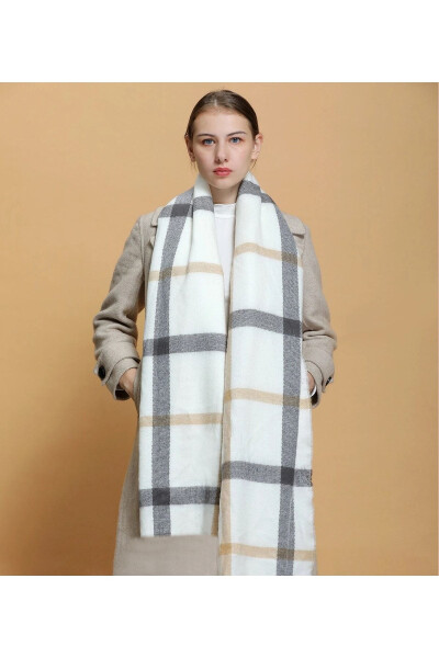 Women's White Plaid Thick Scarf - 4