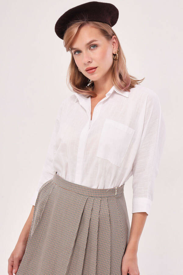 Women's White Pocket Loose Linen Shirt ARM-21Y001035 - 1