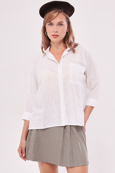 Women's White Pocket Loose Linen Shirt ARM-21Y001035 - 2