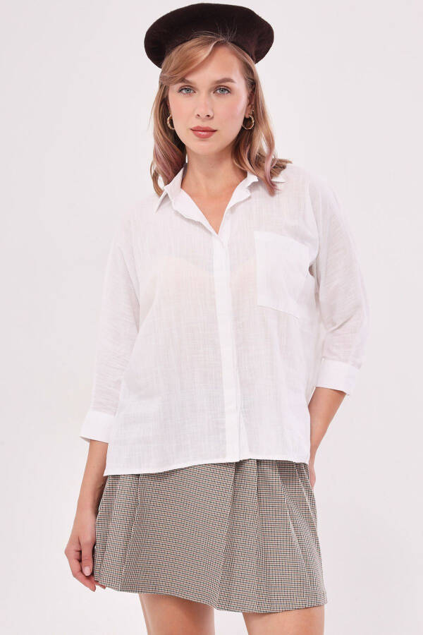 Women's White Pocket Loose Linen Shirt ARM-21Y001035 - 2