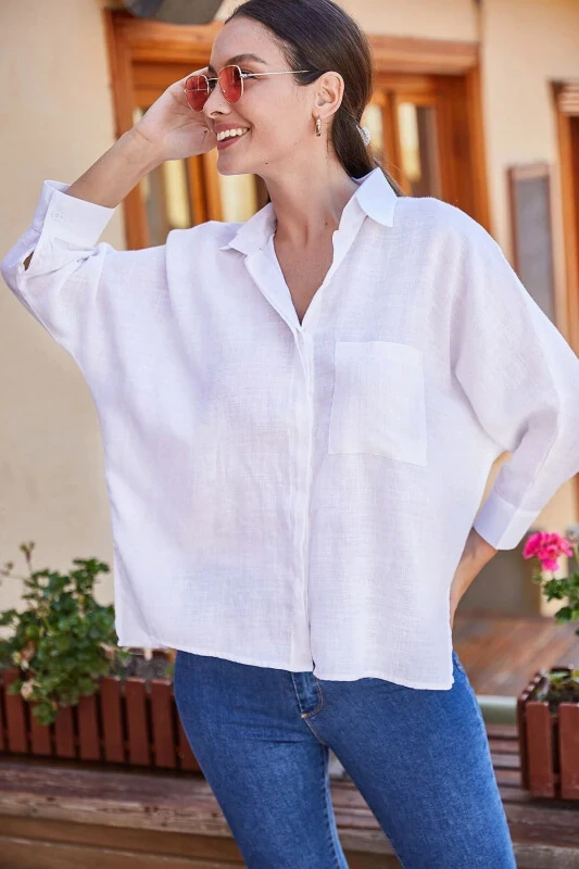 Women's White Pocket Loose Linen Shirt ARM-21Y001035 - 1