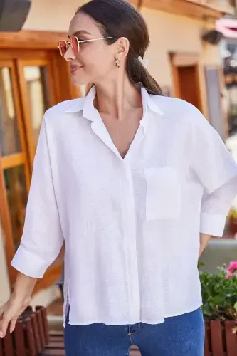 Women's White Pocket Loose Linen Shirt ARM-21Y001035 - ARMONIKA (1)