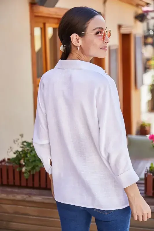Women's White Pocket Loose Linen Shirt ARM-21Y001035 - 3