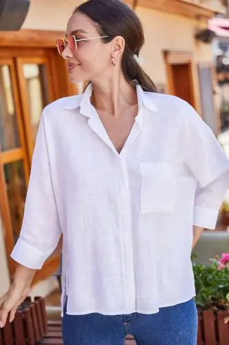 Women's White Pocket Loose Linen Shirt ARM-21Y001035 - ARMONIKA (1)