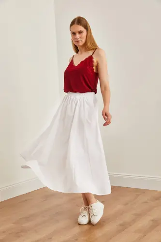 Women's White Pocketed Elastic Waist Midi Woven Flared Skirt - 3